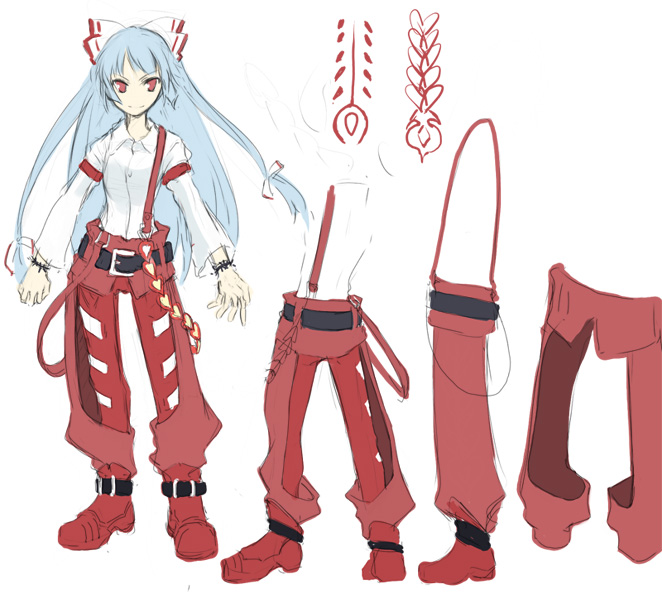 advent_cirno bow chaps fujiwara_no_mokou hair_bow long_hair pants red_eyes red_pants silver_hair solo touhou ushiki_yoshitaka