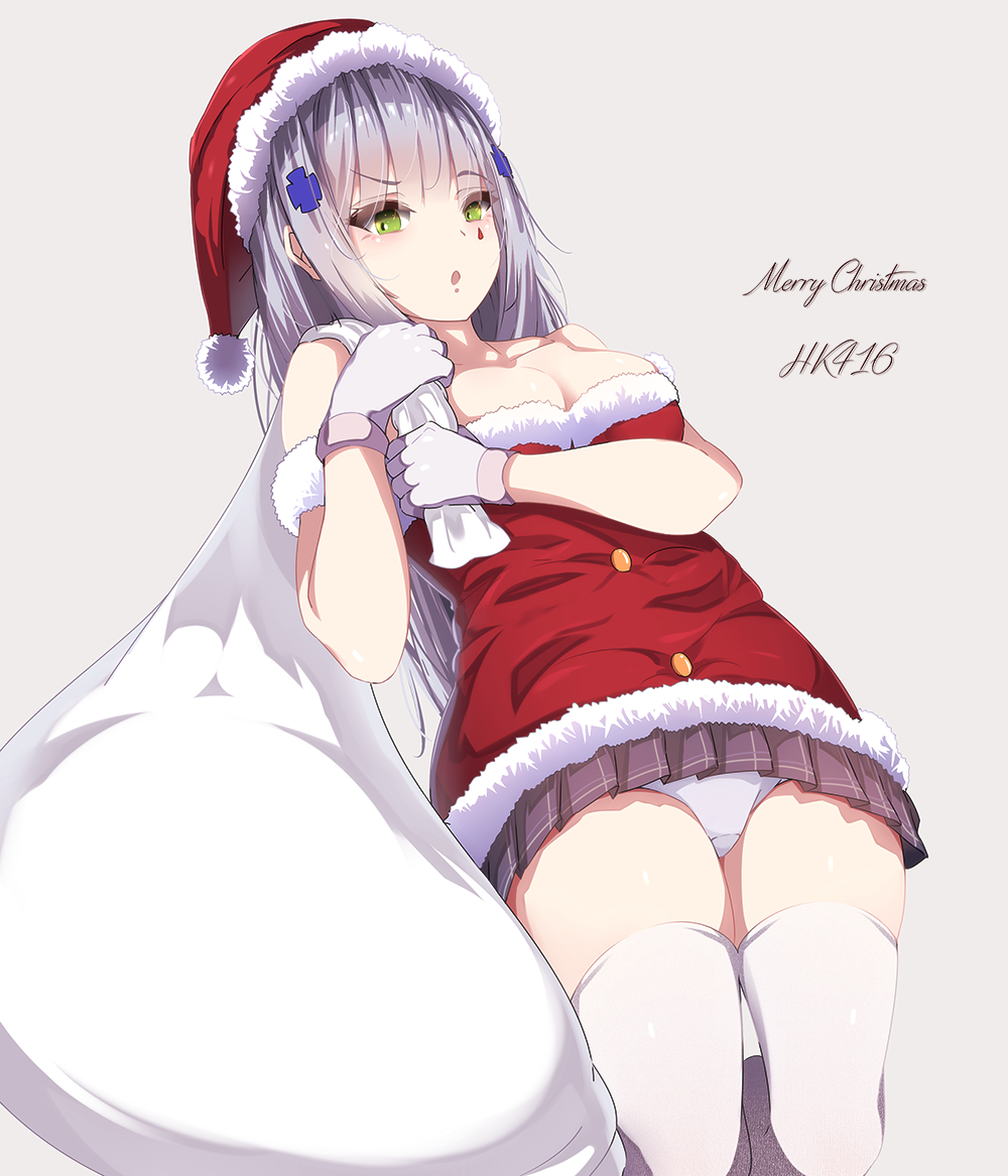 1girl :o bangs blush bobblehat breasts carrying_over_shoulder character_name cleavage collarbone commentary_request eyebrows_visible_through_hair facial_mark from_below fur-trimmed_hat girls_frontline gloves green_eyes hair_ornament hat hk416_(girls_frontline) katuo1129 kneeling long_hair looking_at_viewer looking_down medium_breasts merry_christmas miniskirt open_mouth panties pantyshot pantyshot_(kneeling) plaid plaid_skirt pleated_skirt purple_skirt red_hat sack santa_costume santa_hat silver_hair skirt solo straight_hair strapless thighhighs underwear upskirt white_gloves white_legwear