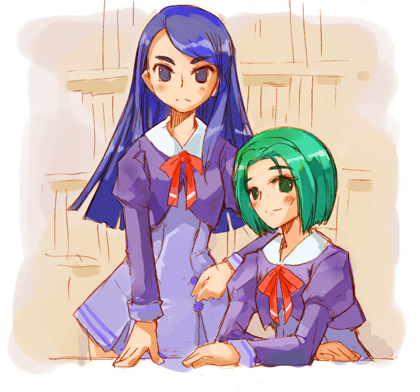 akimoto_komachi blue_eyes blue_hair green_eyes green_hair l'ecole_des_cinq_lumieres_school_uniform long_hair minazuki_karen multiple_girls okome_rice precure purple_skirt school_uniform short_hair skirt yes!_precure_5