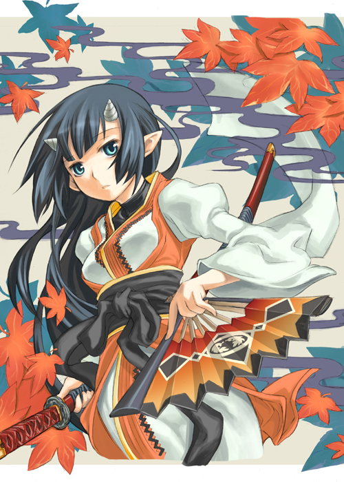 artist_request black_hair horn japanese_clothes leaf misumi_(summon_night) oni solo summon_night sword weapon