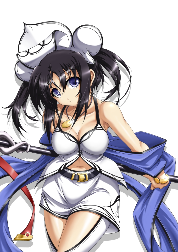 atelier_(series) atelier_iris atelier_iris_grand_phantasm bare_shoulders black_hair blue_eyes breasts cleavage hat head_tilt iris_fortner jewelry large_breasts navel necklace rod roura short_hair simple_background solo