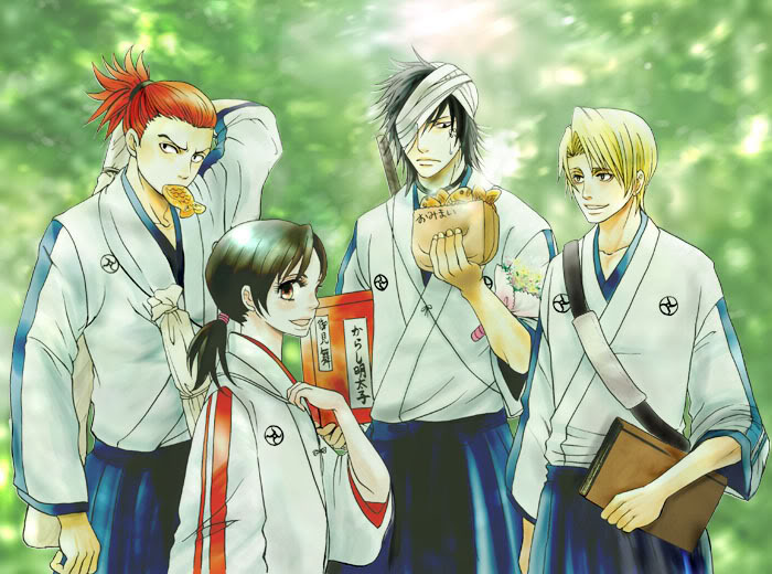 abarai_renji bleach food hinamori_momo hisagi_shuuhei kira_izuru shinigami soul_reaper taiyaki wagashi