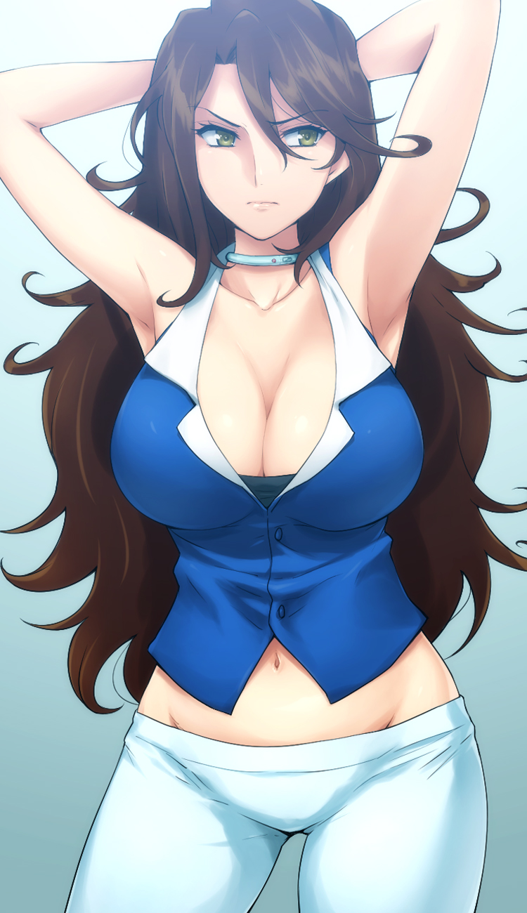 armpits arms_behind_head arms_up breasts brown_hair cleavage collar green_eyes groin gundam gundam_00 hairu highres large_breasts lips long_hair looking_away navel raised_eyebrow simple_background solo sumeragi_lee_noriega