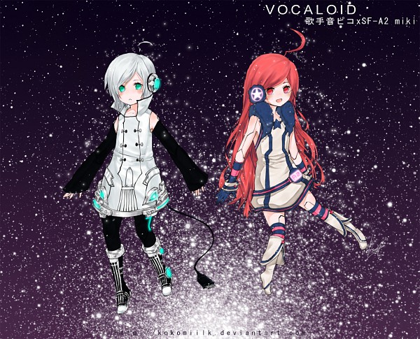 ahoge belt boots buttons detached_sleeves dress fur gloves headphones headset long_hair male miki pantyhose red_eyes red_hair sf-a2_miki space star stars stockings teal_eyes usb utatane_piko vocaloid white_hair ãƒ”ã‚³
