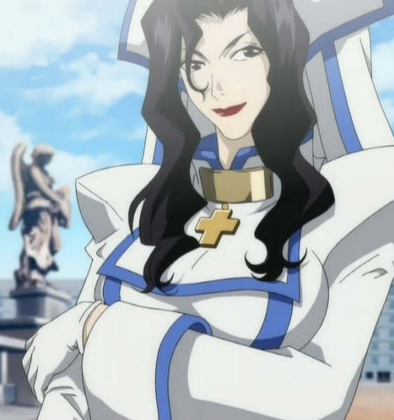 black_eyes black_hair bor_noelle breasts cloud cross cross_necklace female glove gloves large_breasts lipstick long_hair looking_at_viewer makeup outdoors sky smile solo standing statue trinity_blood