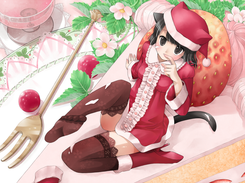 alcohol animal_ears bad_feet berries black_eyes black_hair boots cake cat_ears cat_tail cup drinking_glass flower food fork fruit hat icing in_food kanzaki_miku kuroinu minigirl original plate santa_hat shoes single_shoe solo strawberry strawberry_blossoms tail thighhighs wine wine_glass