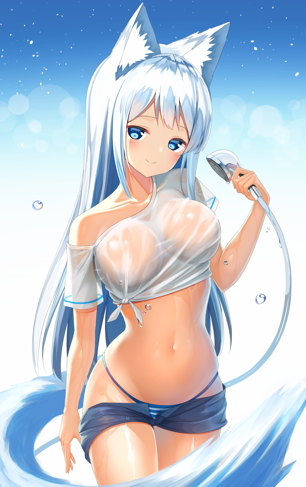 1girl animal_ear_fluff animal_ears bangs blue_eyes blue_shorts breasts closed_mouth commentary_request eyebrows_visible_through_hair fox_ears fox_girl fox_tail head_tilt highres holding holding_shower_head kurotobi_rarumu large_breasts long_hair navel off_shoulder original panties see-through shirt short_shorts short_sleeves shorts shorts_pull shower_head silver_hair smile solo striped striped_panties tail underwear very_long_hair wet wet_clothes wet_shirt white_shirt