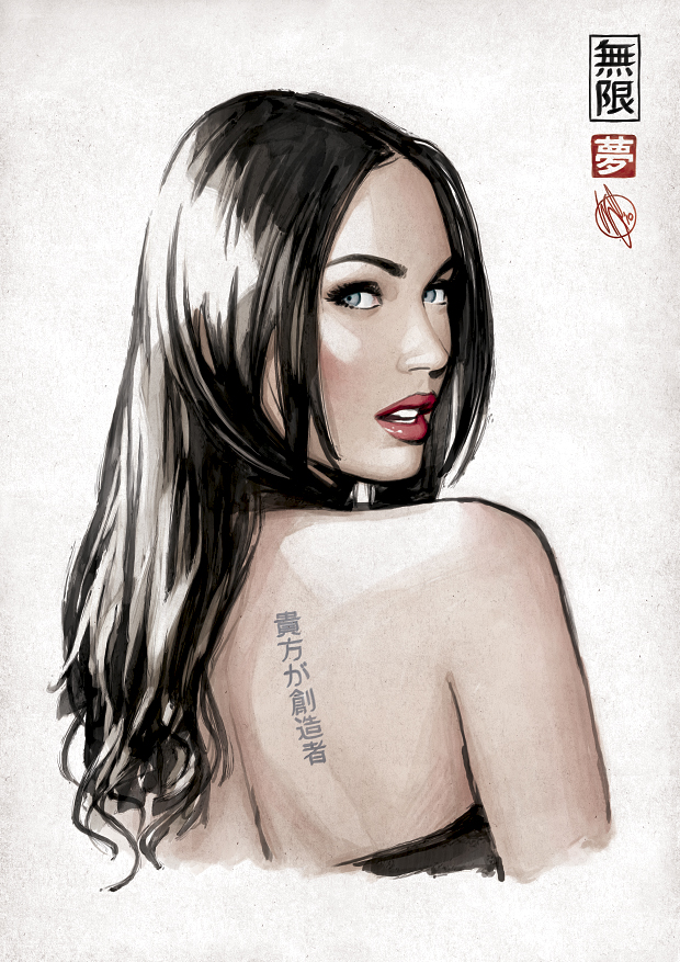 bare_shoulders black_hair blue_eyes from_behind lips lipstick long_hair looking_back makeup megan_fox open_mouth real_life solo tattoo upper_body warren_louw