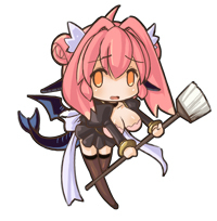 breasts broom brown_legwear chibi cleavage double_bun dragon dragon_girl huge_breasts lowres maid monster_girl nefarian onyxien orange_eyes personification pink_hair ribbon short_hair solo tail thighhighs warcraft wings world_of_warcraft