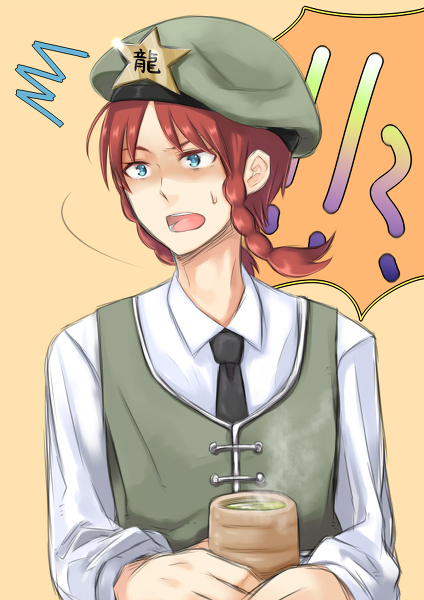 1boy blue_eyes blush braid genderswap hat hong_meiling male_focus open_mouth red_hair solo surprised sweat tea touhou uniform