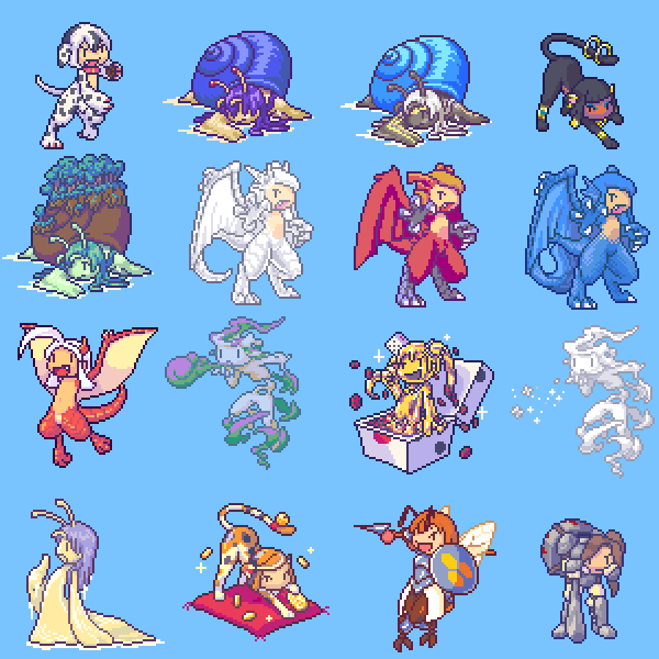 akai_(artist) akai_(ugokashitari) aliasing armor blue_background combination dragon_girl goo_girl insect_girl monster_girl multiple_girls nude pixel_art shell simple_background slime slimegirl slug slug_girl snail sprite wings