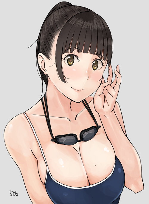 506_(studio_506) breasts brown_eyes brown_hair cleavage collarbone face goggles goggles_around_neck hands large_breasts one-piece_swimsuit original ponytail signature simple_background smile solo swimsuit