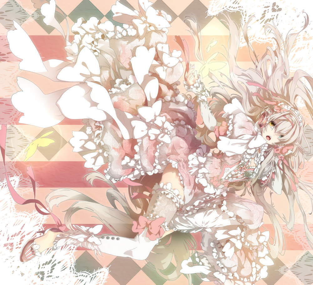argyle argyle_background dress embellished_costume frills hair_over_one_eye headphones heterochromia lace lace-trimmed_thighhighs long_hair open_mouth original pink pink_hair plastick ribbon solo thighhighs too_many too_many_frills