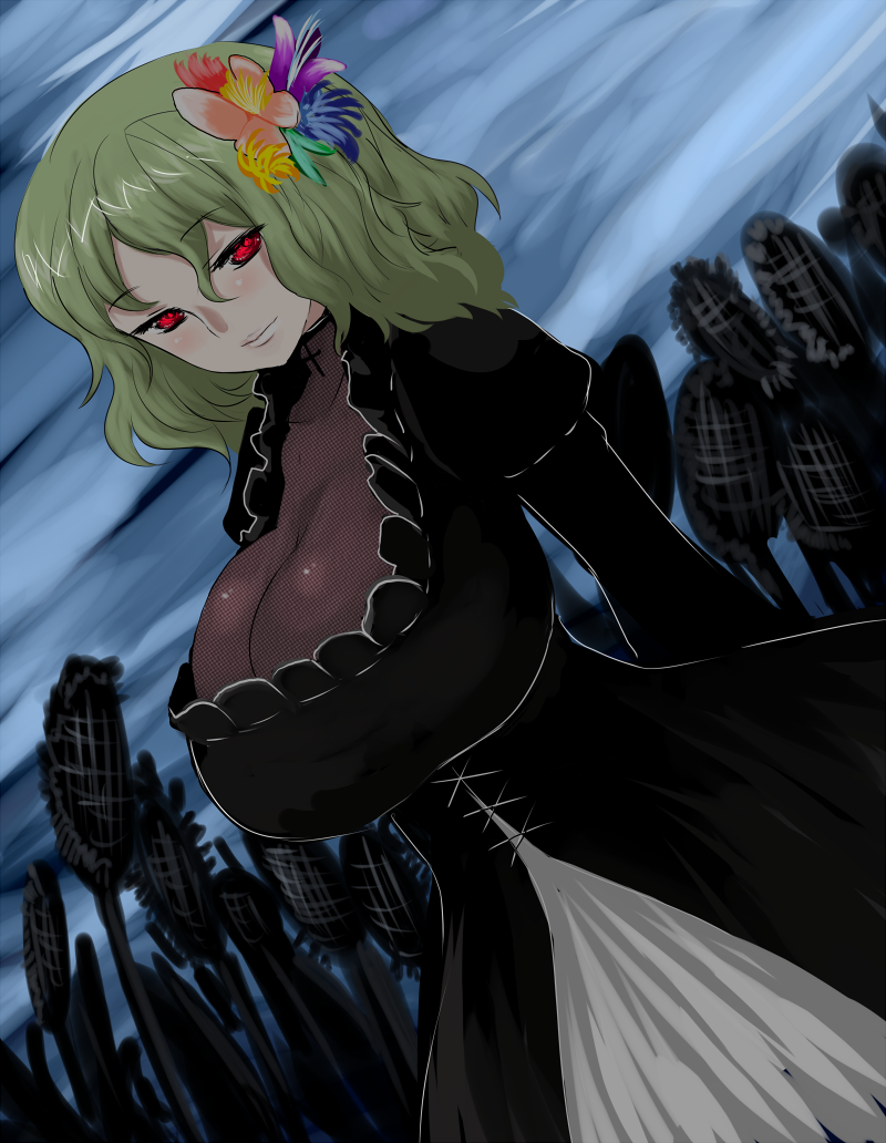 alternate_costume breasts cleavage dress dutch_angle flower glowing glowing_eyes green_hair hair_flower hair_ornament han_(jackpot) huge_breasts kazami_yuuka lips night red_eyes short_hair smile solo sunflower touhou