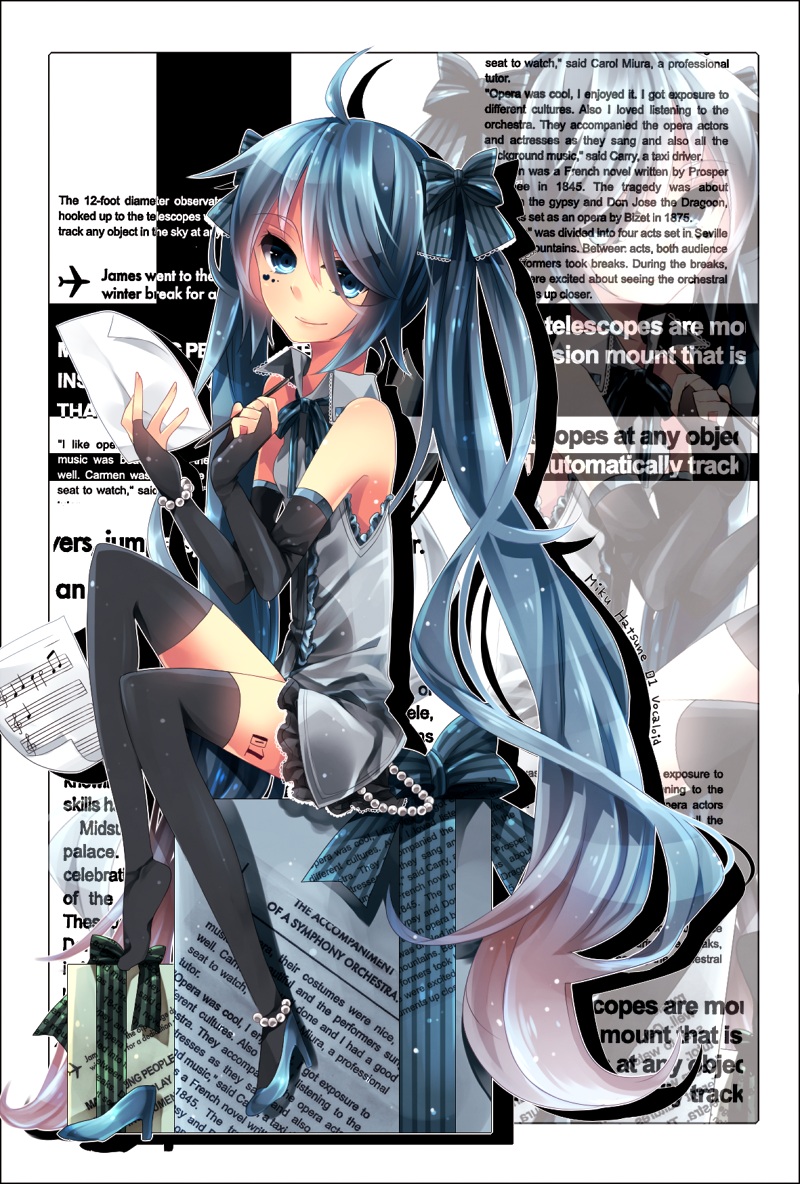ahoge anklet bad_id bad_pixiv_id beamed_eighth_notes blue_eyes blue_hair bow bracelet bridal_gauntlets elbow_gloves gift gloves hair_bow half_note hatsune_miku hazuki_mizuho high_heels jewelry long_hair musical_note quarter_note sheet_music shoes single_shoe sitting smile solo thighhighs treble_clef twintails very_long_hair vocaloid