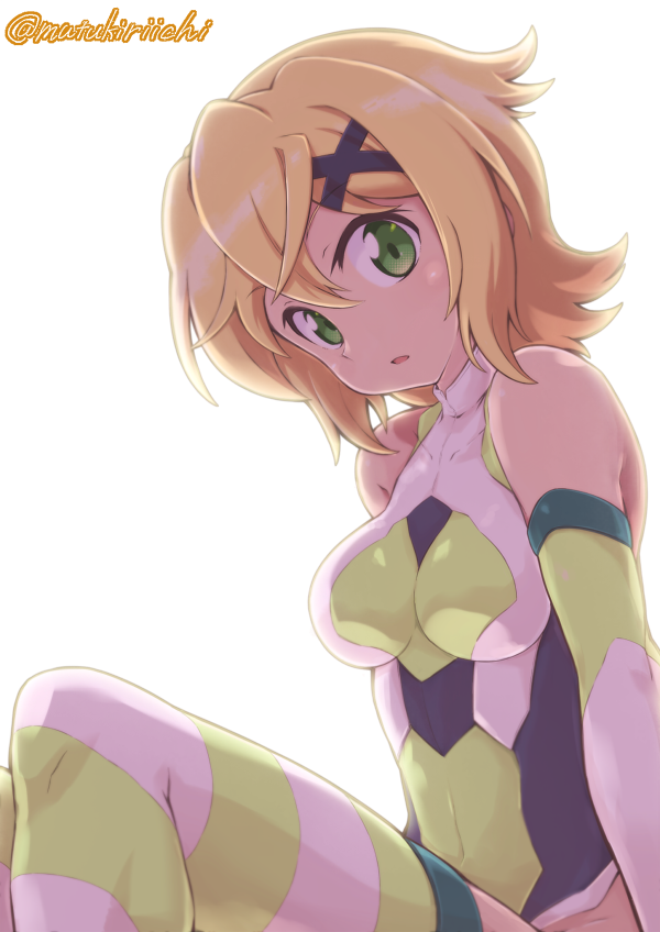 1girl akatsuki_kirika bare_shoulders blonde_hair breasts commentary_request covered_navel elbow_gloves eyebrows_visible_through_hair gloves green_eyes hair_ornament leotard looking_at_viewer medium_breasts mutsuki_riichi open_mouth senki_zesshou_symphogear shiny shiny_clothes shiny_hair shiny_skin short_hair simple_background sitting solo striped striped_legwear thighhighs white_background x_hair_ornament