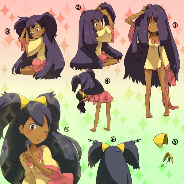 adjusting_hair barefoot blush brown_eyes character_sheet dark_skin duplicate hairdressing how_to iris_(pokemon) long_hair pokemon pokemon_(game) pokemon_black_and_white purple_hair sequential sitting smile solo suzumiyu twintails very_long_hair wink yokozuwari