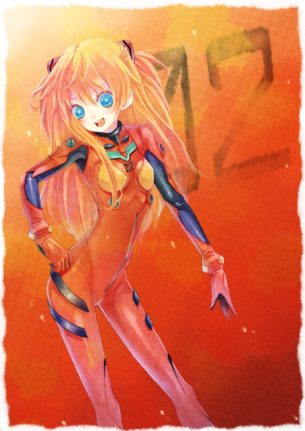 :d armpits artist_request bangs blue_eyes blush bodysuit bracer breasts contrapposto from_side gloves gradient gradient_background hair_between_eyes happy headgear highres leaning_forward legs_apart long_hair looking_at_viewer neon_genesis_evangelion number open_mouth orange_hair pilot_suit plugsuit red_background red_bodysuit shikinami_asuka_langley skin_tight skinny small_breasts smile solo source_request souryuu_asuka_langley standing star star-shaped_pupils symbol-shaped_pupils two_side_up