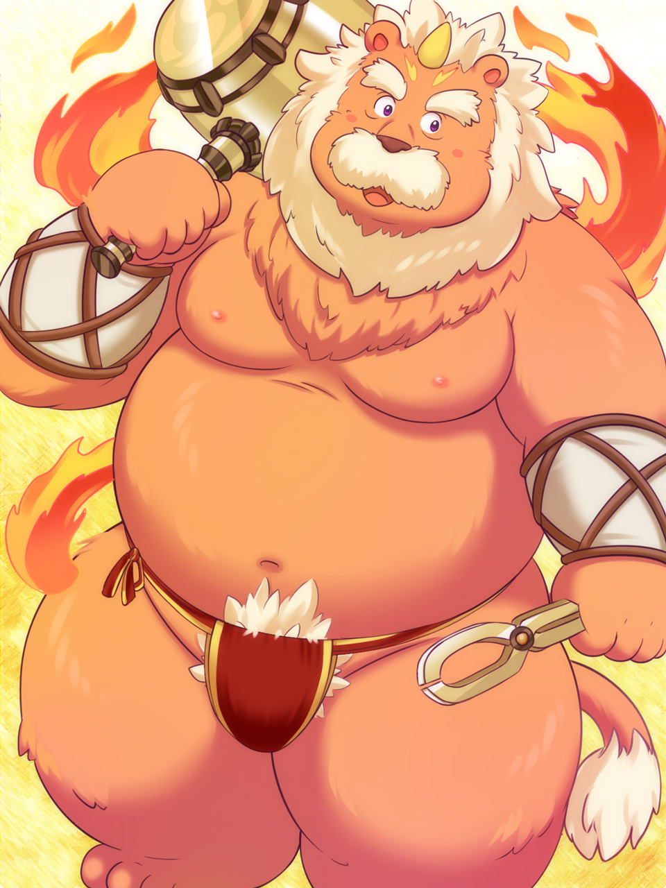2015 anthro belly clothing felid fire fundoshi hammer humanoid_hands japanese_clothing lako lion male mammal moobs navel nipples overweight overweight_male pantherine solo tools underwear