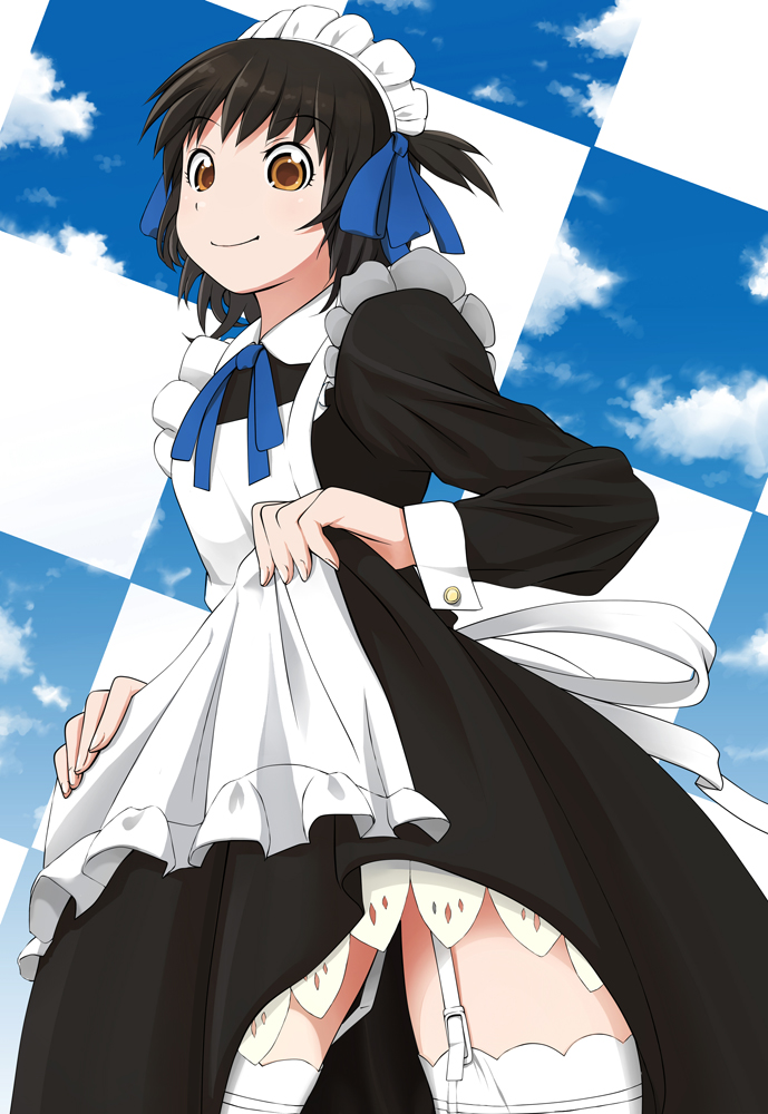 arashiyama_hotori black_hair brown_eyes dress dress_lift garter_straps maid maid_headdress naono short_hair sky smile solo soredemo_machi_wa_mawatteiru thighhighs