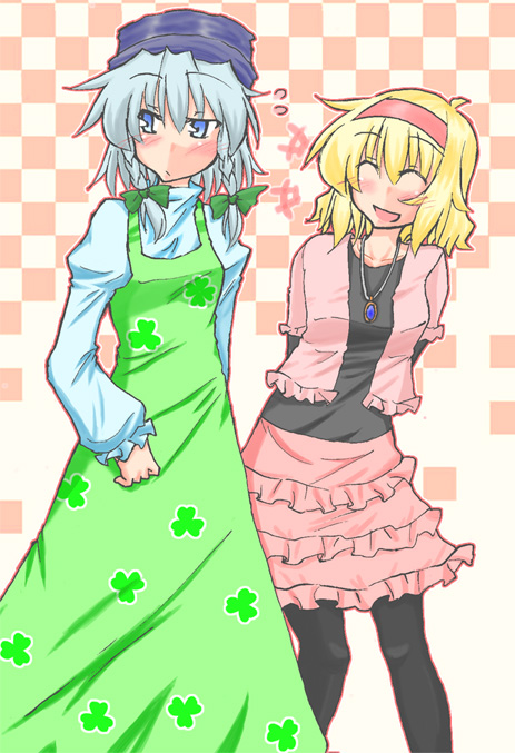 ^_^ alice_margatroid alternate_costume arms_behind_back bad_id bad_pixiv_id black_legwear blonde_hair blue_eyes blush braid checkered checkered_background closed_eyes contemporary hairband hat izayoi_sakuya jewelry kaya_rio multiple_girls pantyhose pendant silver_hair touhou twin_braids