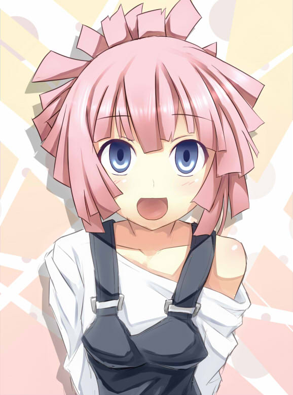 :d bad_id bad_pixiv_id blue_eyes blush off_shoulder open_mouth pink_hair samegami smile solo star_driver suspenders you_mizuno