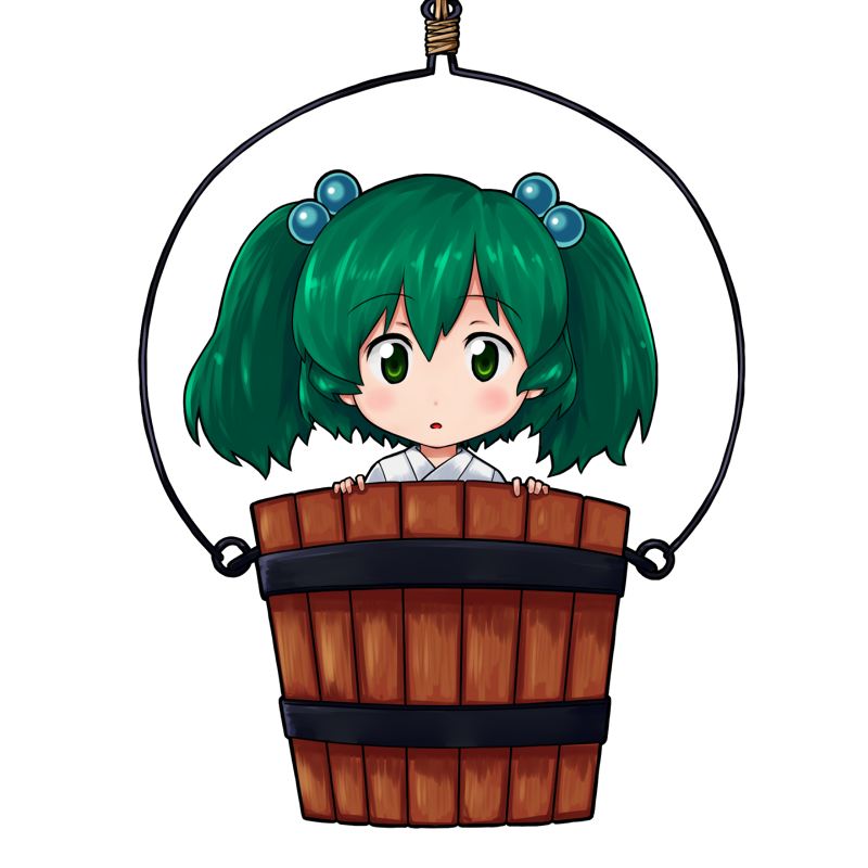 :o airis bucket child green_eyes green_hair hair_bobbles hair_ornament in_bucket in_container kisume solo touhou twintails wooden_bucket