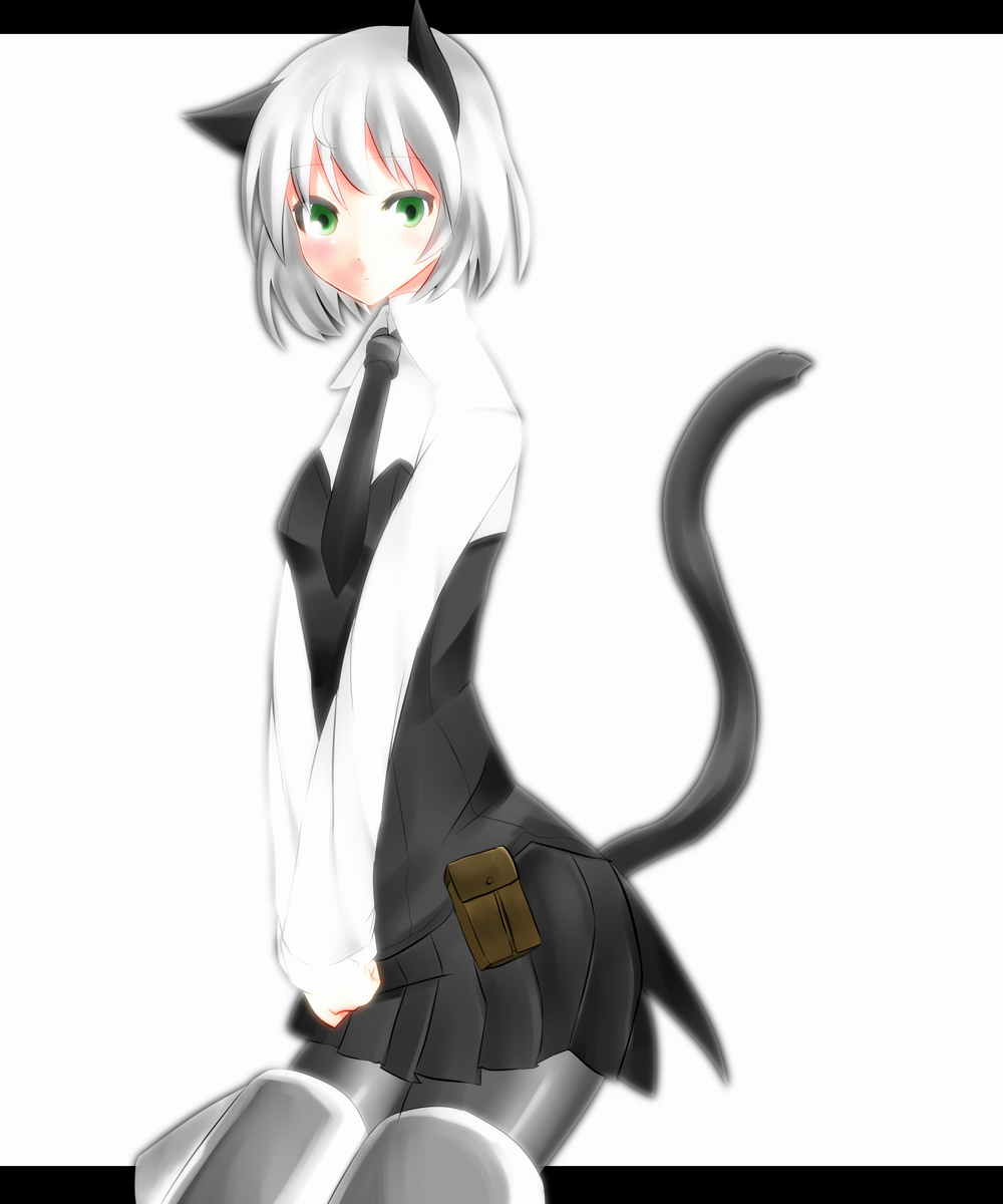 animal_ears cat_ears cat_tail green_eyes highres necktie non-web_source pantyhose sanya_v_litvyak silver_hair skirt solo strike_witches tail world_witches_series