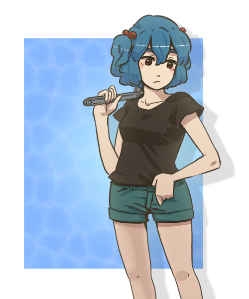 alternate_costume bad_id bad_pixiv_id blue_hair casual contemporary hair_bobbles hair_ornament hikimaru kawashiro_nitori mosaic_background no_hat no_headwear red_eyes shorts solo standing touhou twintails two_side_up wrench