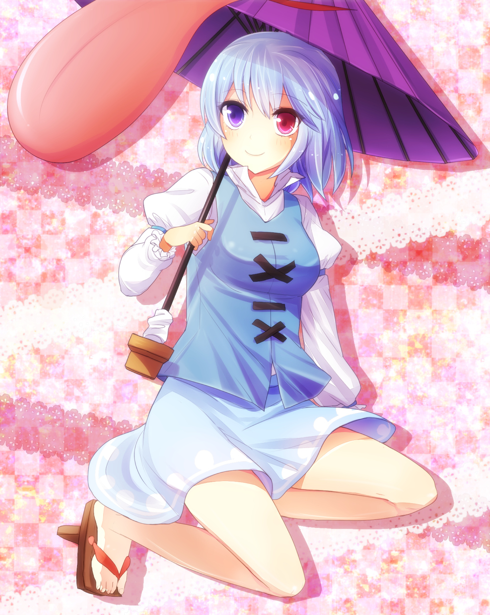 blue_eyes blue_hair geta heterochromia highres karakasa_obake kohaku. oriental_umbrella purple_umbrella red_eyes short_hair solo tatara_kogasa tengu-geta tongue touhou umbrella