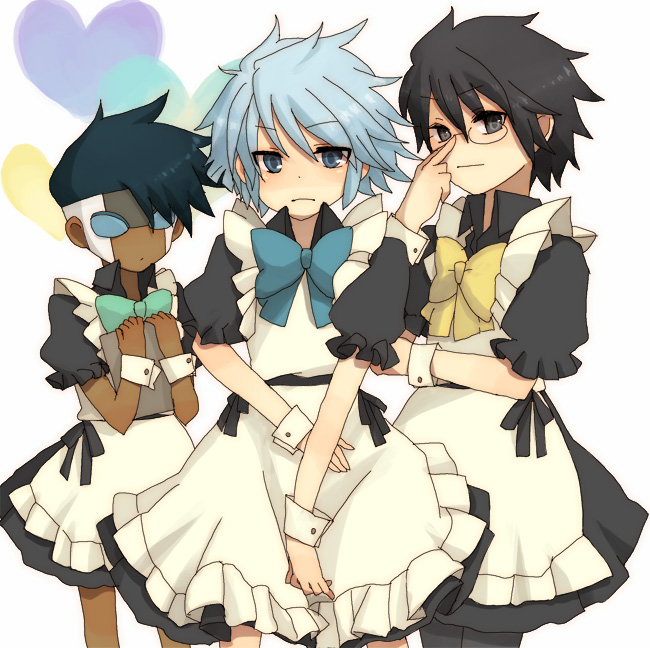 3boys aikyu aqua_hair black_hair blue_hair dark_skin dororu gazelle glasses inazuma_eleven inazuma_eleven_(series) kadomichi_tooru maid male male_focus multiple_boys suzuno_fuusuke touchi_shuuji trap turquoise_hair