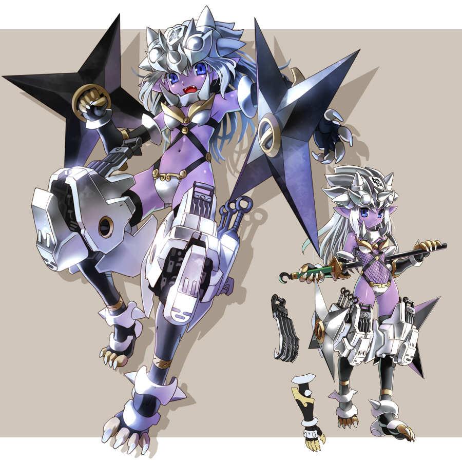 blue_eyes board_game demon_girl katahira_masashi kunai oni original pointy_ears purple_skin shougi shuriken silver_hair solo weapon