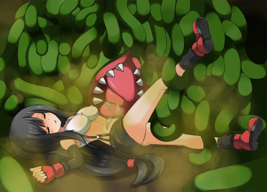 1girl ass black_hair boots breasts defeated elbow_gloves erect_nipples eyes_closed female final_fantasy final_fantasy_vii fingerless_gloves game_over gloves huge_tongue imminent_rape large_breasts licking long_hair lying malboro midriff miniskirt monster rape shamanwer skirt sleeping tank_top tanktop tentacle tifa_lockhart unconscious you_gonna_get_raped