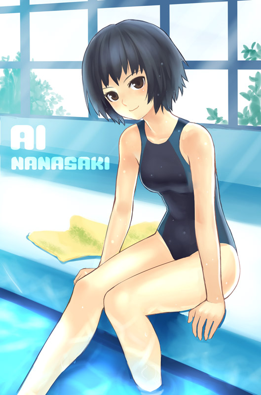 amagami black_eyes black_hair caustics character_name competition_swimsuit head_tilt indoors k+ looking_at_viewer nanasaki_ai one-piece_swimsuit pool poolside short_hair sitting smile soaking_feet solo swimsuit towel water wet window