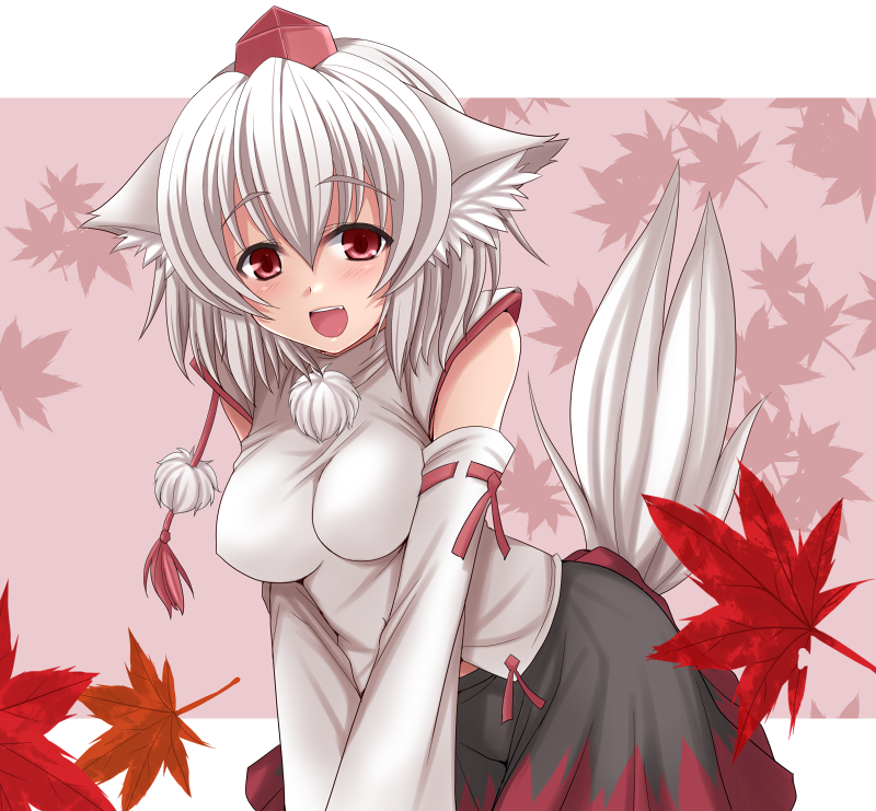 animal_ears bad_id bad_pixiv_id detached_sleeves hasu_(hk_works) hat impossible_clothes impossible_shirt inubashiri_momiji red_eyes shirt short_hair silver_hair solo tail tokin_hat touhou white_hair wolf_ears wolf_tail