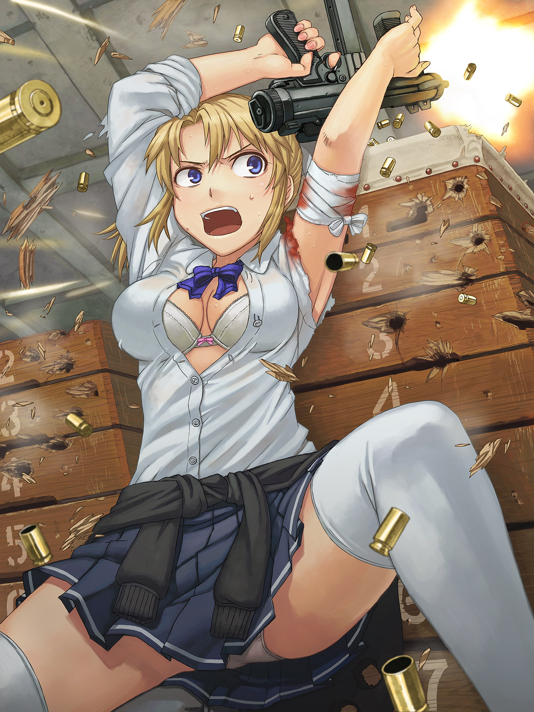 bandages beretta_m12 blind_fire blonde_girl_(itou) blonde_hair blood blue_eyes bow bow_bra bowtie bra breasts bullet_hole casing_ejection cleavage clothes_around_waist firing gun gym_storeroom highres holding holding_gun holding_weapon indoors injury itou_(onsoku_tassha) lingerie medium_breasts muzzle_flash open_mouth original panties pantyshot pantyshot_(sitting) popped_button ribbon school_uniform shell_casing short_hair sitting skirt sleeves_rolled_up solo spread_legs submachine_gun sweat sweater sweater_around_waist thighhighs under_fire underwear vaulting_horse weapon white_legwear