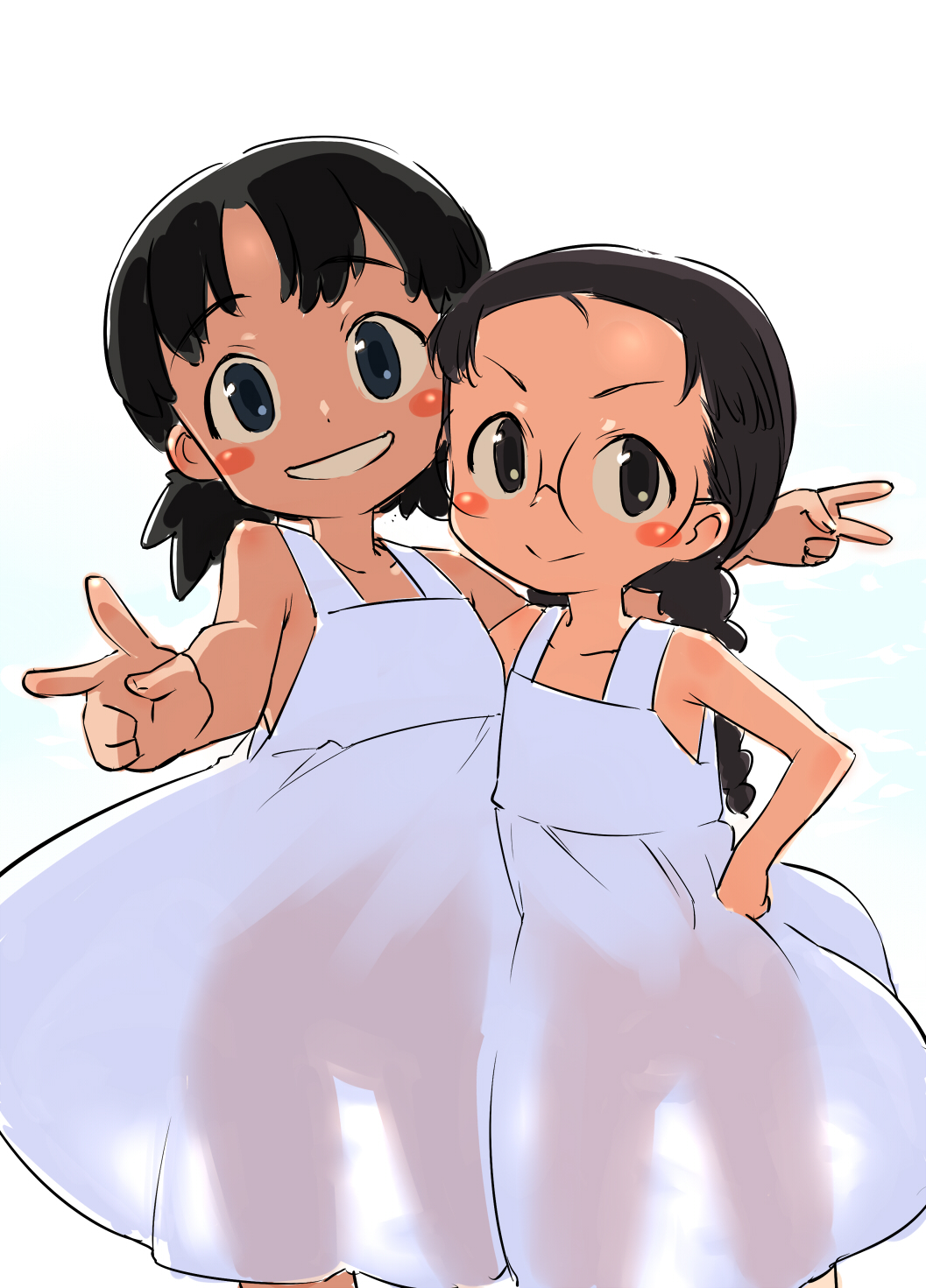 2girls arm_around_neck bangs black_eyes black_hair blue_eyes blush_stickers brown_eyes casual child closed_mouth commentary cowboy_shot double_v dress fukuda_(girls_und_panzer) girls_und_panzer glasses grin hamahara_yoshio hand_on_hip head_tilt highres looking_at_viewer medium_dress multiple_girls nina_(girls_und_panzer) round_eyewear see-through short_twintails smile sundress thigh_gap twintails v v-shaped_eyes white_dress