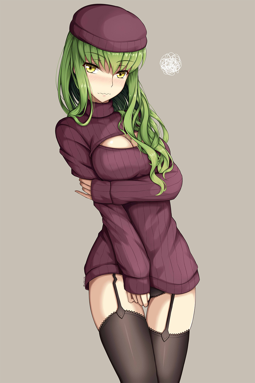 1girl alternate_costume bangs beret black_legwear black_panties blush breasts c.c. cleavage cleavage_cutout code_geass covering covering_crotch dress eyebrows_visible_through_hair frown garter_straps green_hair grey_background hand_on_own_arm hat highres long_hair long_sleeves looking_at_viewer lucky_keai medium_breasts meme_attire nose_blush open-chest_sweater panties pantyshot pantyshot_(standing) purple_hat purple_sweater simple_background sleeves_past_wrists solo squiggle standing sweater sweater_dress thigh_gap thighhighs twitter_username underwear wavy_mouth yellow_eyes