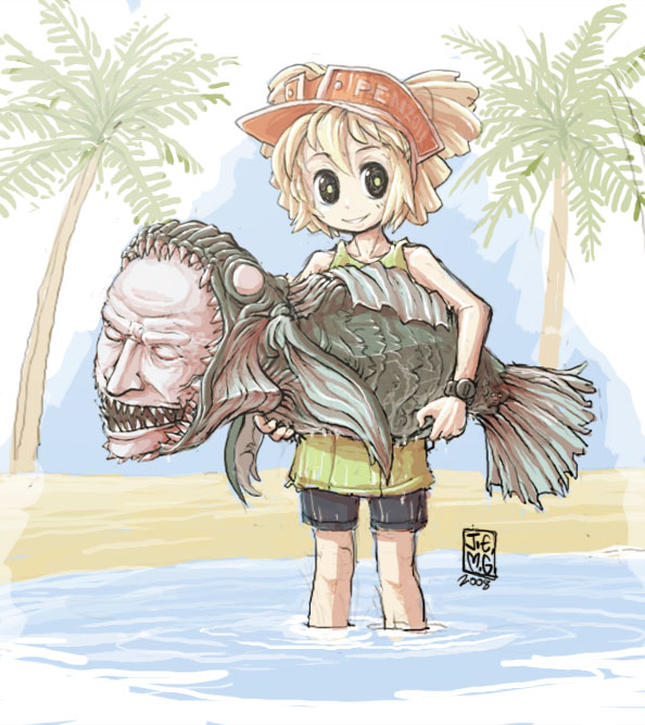 beach black_eyes blonde_hair contra contra:_shattered_soldier fish game_console hat j-e-m-g jinmen-gyo_massan_kujira monster mutant palm_tree parody playstation_2 shin_contra shorts tree video_game watch