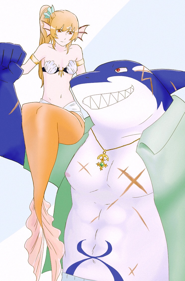 aether_mermaid anthro bra breasts clothing duo female fish humanoid male mammal marine merfolk muscular muscular_male scar seashell_bra shark size_difference smile tokyo_afterschool_summoners typhon underwear video_games ゆり根