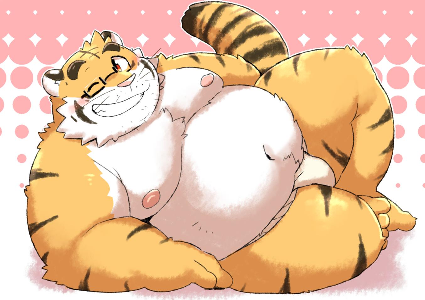 12beat13 2019 anthro belly blush bulge clothing eyewear felid fundoshi glasses japanese_clothing male mammal moobs navel nipples one_eye_closed overweight overweight_male pantherine pink_nose simple_background solo teeth tiger underwear wink