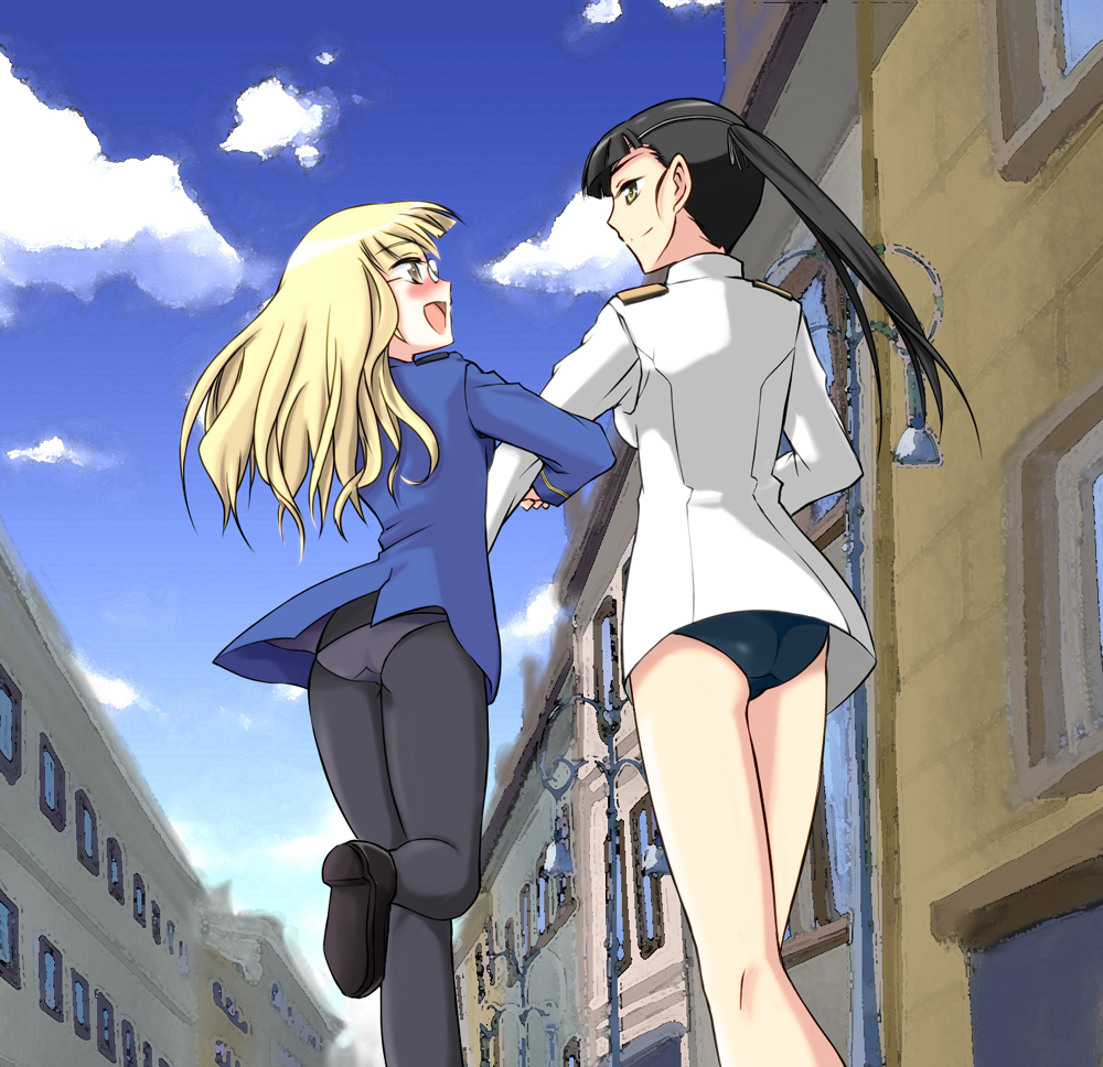 arm_hug ass bad_id bad_pixiv_id black_hair blonde_hair blush brown_eyes from_behind glasses happy kneepits long_hair military military_uniform multiple_girls open_mouth panties panties_under_pantyhose pantyhose perrine_h_clostermann sakamoto_mio sayu_(mio-mosa) school_swimsuit smile strike_witches swimsuit swimsuit_under_clothes underwear uniform world_witches_series yellow_eyes