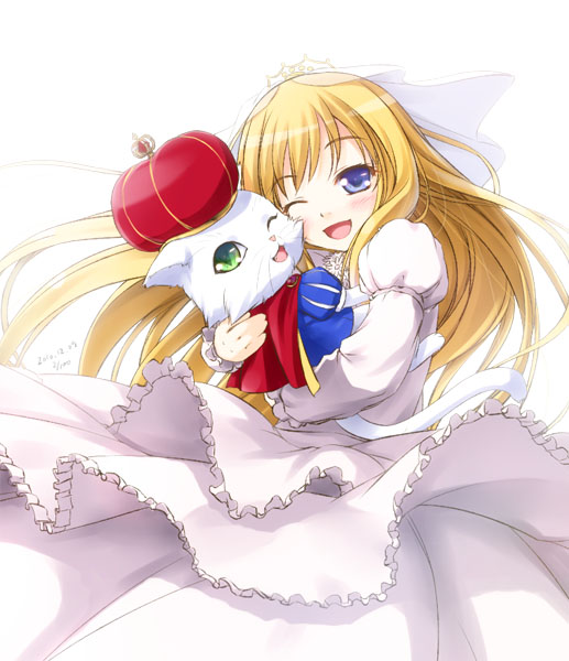 blonde_hair cat crown dress hug kazami_haruki long_hair one_eye_closed original solo