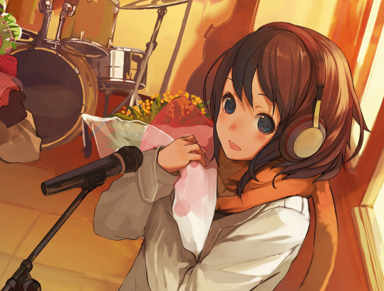 blue_eyes blush bouquet brown_hair drum face flower headphones instrument microphone microphone_stand original perspective scarf shirabi solo window