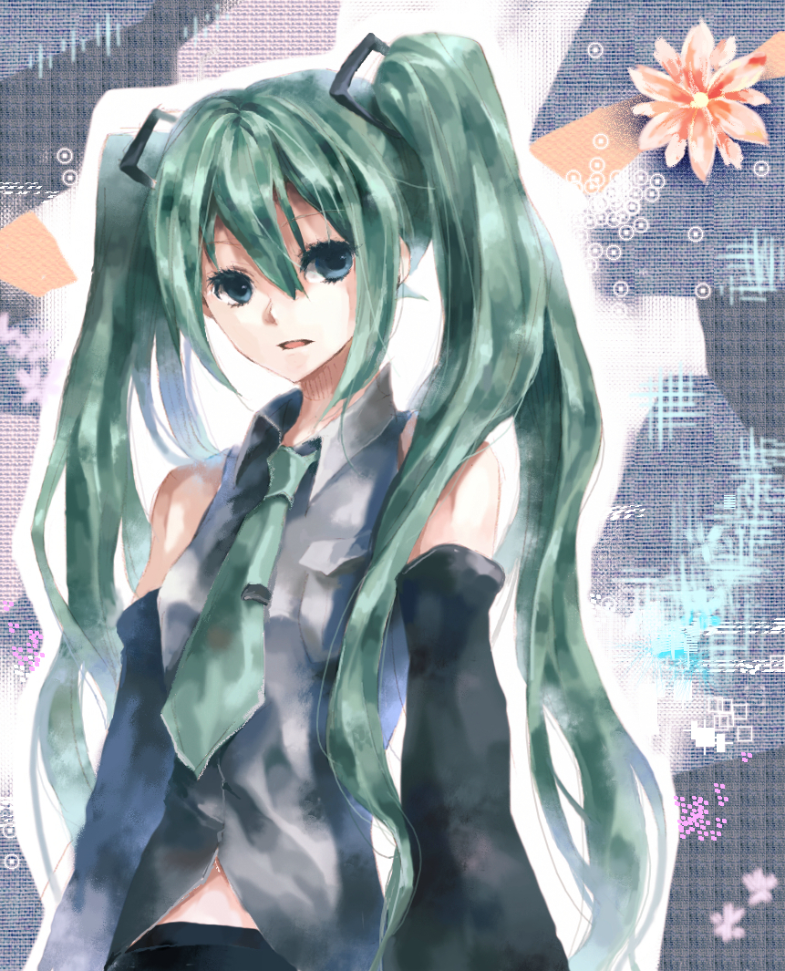 aqua_hair blue_eyes detached_sleeves hatsune_miku headphones long_hair necktie open_mouth solo twintails very_long_hair vocaloid yami_(silent)
