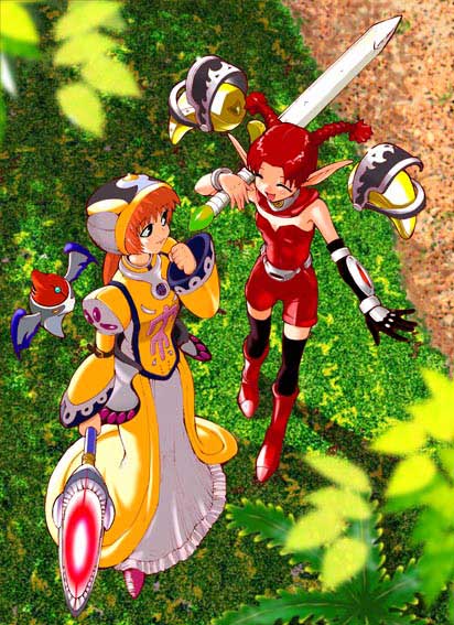 :d ^_^ bare_shoulders boots clenched_hand closed_eyes dress eye_contact fomarl from_above gloves grass hand_to_own_mouth hat hunewearl jpeg_artifacts kamitsuki_manmaru knee_boots long_hair looking_at_another mag_(phantasy_star) multiple_girls nature open_mouth orange_hair over_shoulder phantasy_star phantasy_star_online pointy_ears puffy_sleeves red_hair short_twintails shorts single_glove sleeveless smile sword thighhighs twintails wand weapon wide_sleeves yellow_dress zettai_ryouiki
