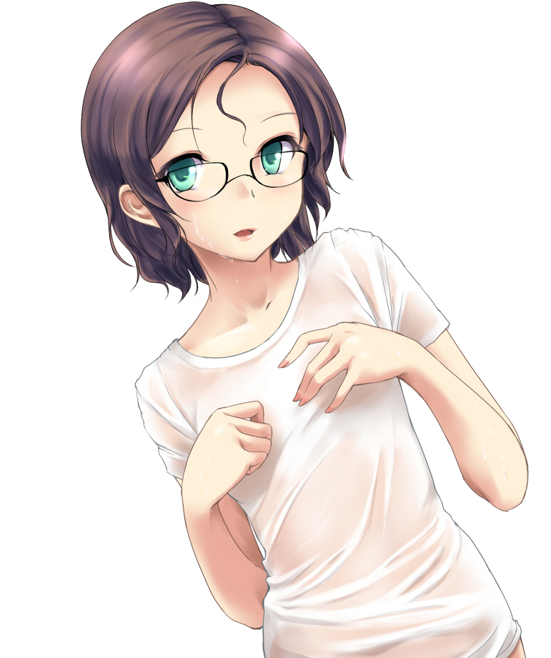 bottomless brown_hair covering covering_breasts fingernails glasses green_eyes hands masami-san_(regdic) naked_shirt no_bra original regdic see-through shirt short_hair simple_background solo t-shirt upper_body wet wet_clothes wet_hair wet_shirt wet_t-shirt white_background
