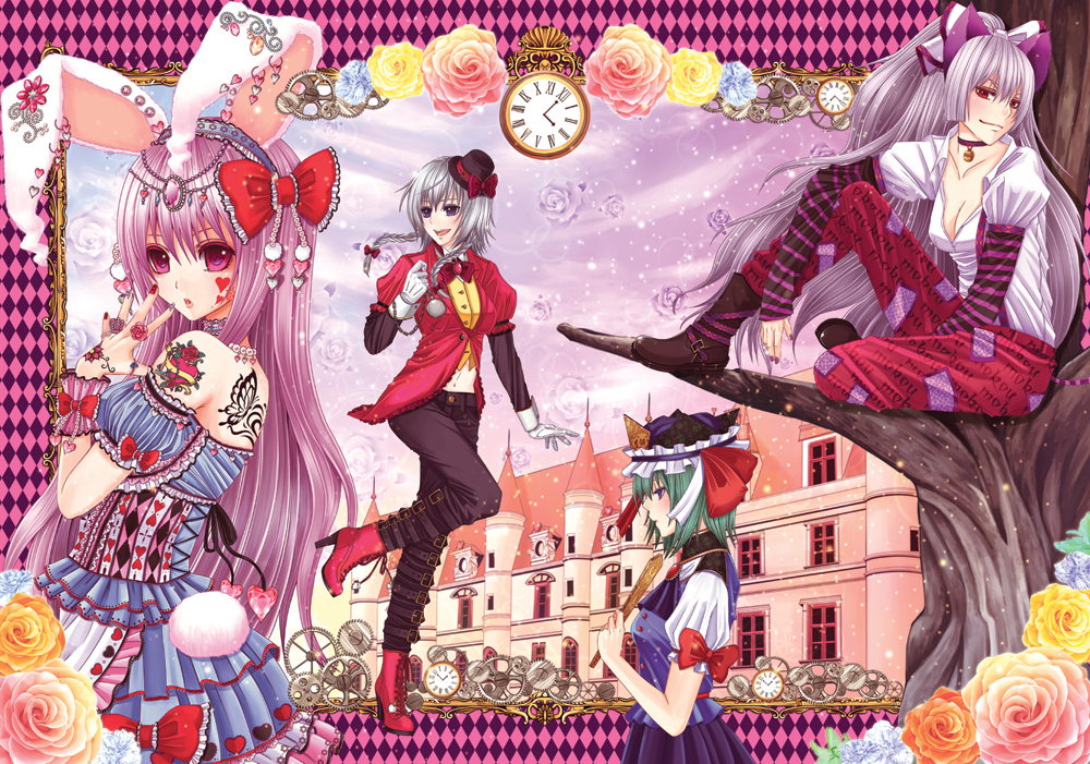 alice_(wonderland) alice_(wonderland)_(cosplay) alice_in_wonderland animal_ears bad_id bad_pixiv_id banned_artist bare_shoulders blue_eyes boots bow braid bunny_ears bunny_tail cheshire_cat cheshire_cat_(cosplay) choker city clock cosplay earrings flower fujiwara_no_mokou gears gloves green_hair hair_bow hairband hat high_heels in_tree izayoi_sakuya jewelry long_hair looking_back mad_hatter mad_hatter_(cosplay) mini_hat mini_top_hat multicolored multicolored_nails multiple_girls nail_art nail_polish necklace pants pocket_watch ponytail purple_hair purple_nails red_eyes reisen_udongein_inaba ribbon ring rod_of_remorse rose shiki_eiki shoes short_hair silver_hair sitting sitting_in_tree striped tail tattoo top_hat touhou town tree twin_braids very_long_hair watch wrist_cuffs yuuka_nonoko