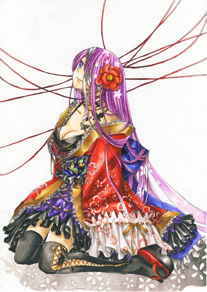 bandage_over_one_eye bandages boots breasts bug butterfly cable cleavage dress flower hair_flower hair_ornament highres insect medium_breasts original ribbon solo thigh_boots thighhighs traditional_media tsukiakarin