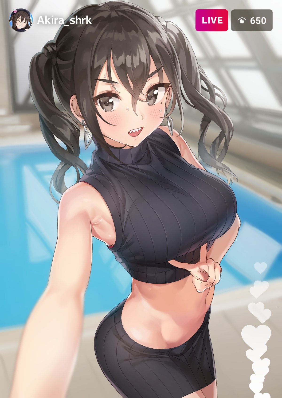1girl :o ^_^ ameyame armpits bangs bare_arms bare_shoulders black_skirt black_sweater blurry blush bra breasts brown_eyes brown_hair closed_eyes commentary_request cowboy_shot crop_top depth_of_field earrings eyes_closed grin hair_between_eyes heart highres idolmaster idolmaster_cinderella_girls indoors jewelry lace lace-trimmed_bra large_breasts long_hair looking_at_viewer midriff miniskirt mole mole_under_eye navel open_mouth pool red_bra ribbed_sweater self_shot sharp_teeth sidelocks skirt sleeveless sleeveless_turtleneck smile solo standing stomach sunazuka_akira sweat sweater teeth turtleneck twintails underwear v v-shaped_eyebrows wavy_hair